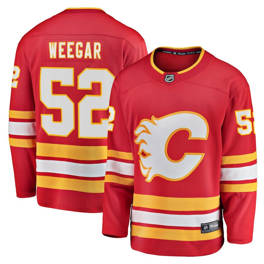 Men Calgary Flames 52 MacKenzie Weegar Fanatics Branded Red Home Breakaway Player NHL Jersey